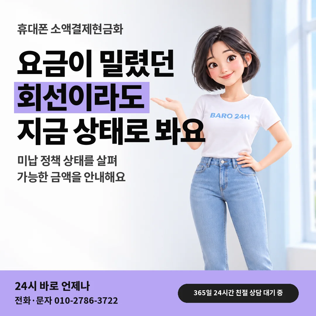 휴대폰을 보며 웃는 BARO 24H 티셔츠를 입은 3D 인물 옆에 「휴대폰 미납 뒤 한도 변화」 제목을 얹은 안내 카드